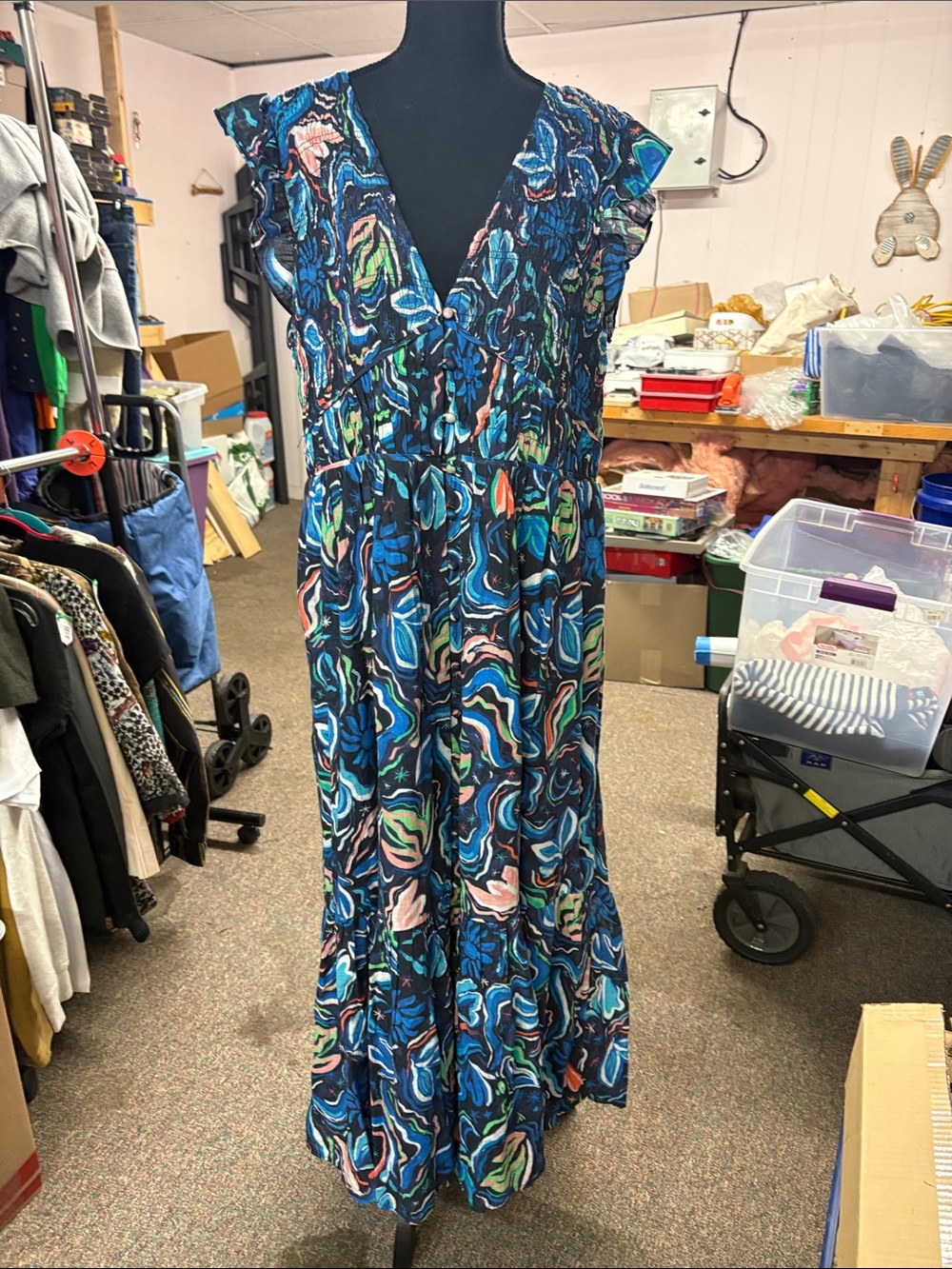 Anthropologie Multicolor Abstract Ruffle Shoulder Maxi Dress